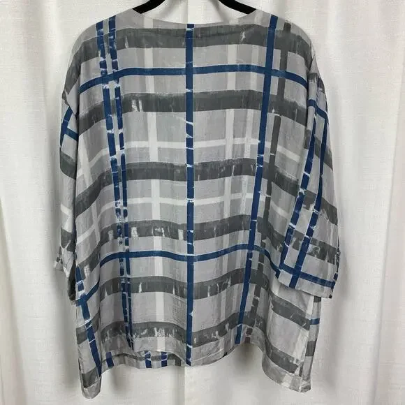 Eileen Fisher Gray&Blue Silk 3/4 Sleeve Boxy Fit Blouse Sz.M - Picture 6 of 8
